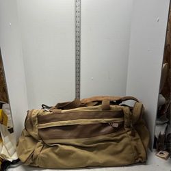 Vtg Eddie Bauer Ford Leather TrimKhaki Tan CanvasDuffle Bag Carry On 22x12x12#R3|