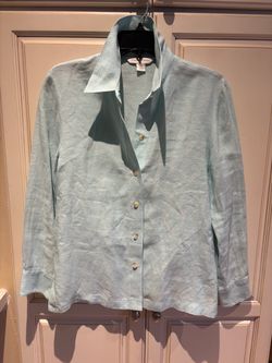 Casual Corner light blue linen button down blouse long sleeves size M
