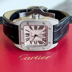 Cartier Santos 100 Natural Diamond set iced out bussdown 36mm Midsize 2878 Men Watch Leather Band