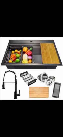 All-in-One Matte Black Finished Stainless Steel 33 in. x 22 in. Drop-In Single Bowl Kitchen Sink with Spring Neck Faucet