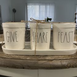 Rae Dunn Artisan Ceramic Collection GIVE-SHARE-FEAST Utensil Holder Set - BRAND NEW