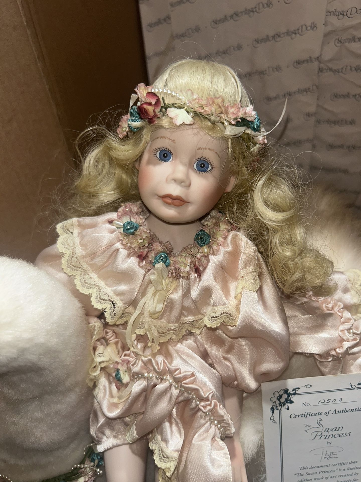 Swan Princess Porcelain Doll With Swan In Box.
