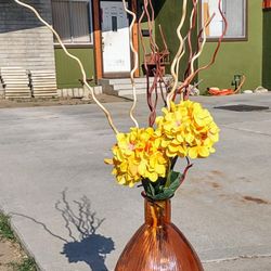 Tall Ribbed Glass Floor Vase with Artificial Flowers & Branches Twigs