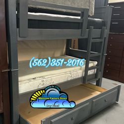 Triple twin grey bunk bed with mattresses trundle bed set