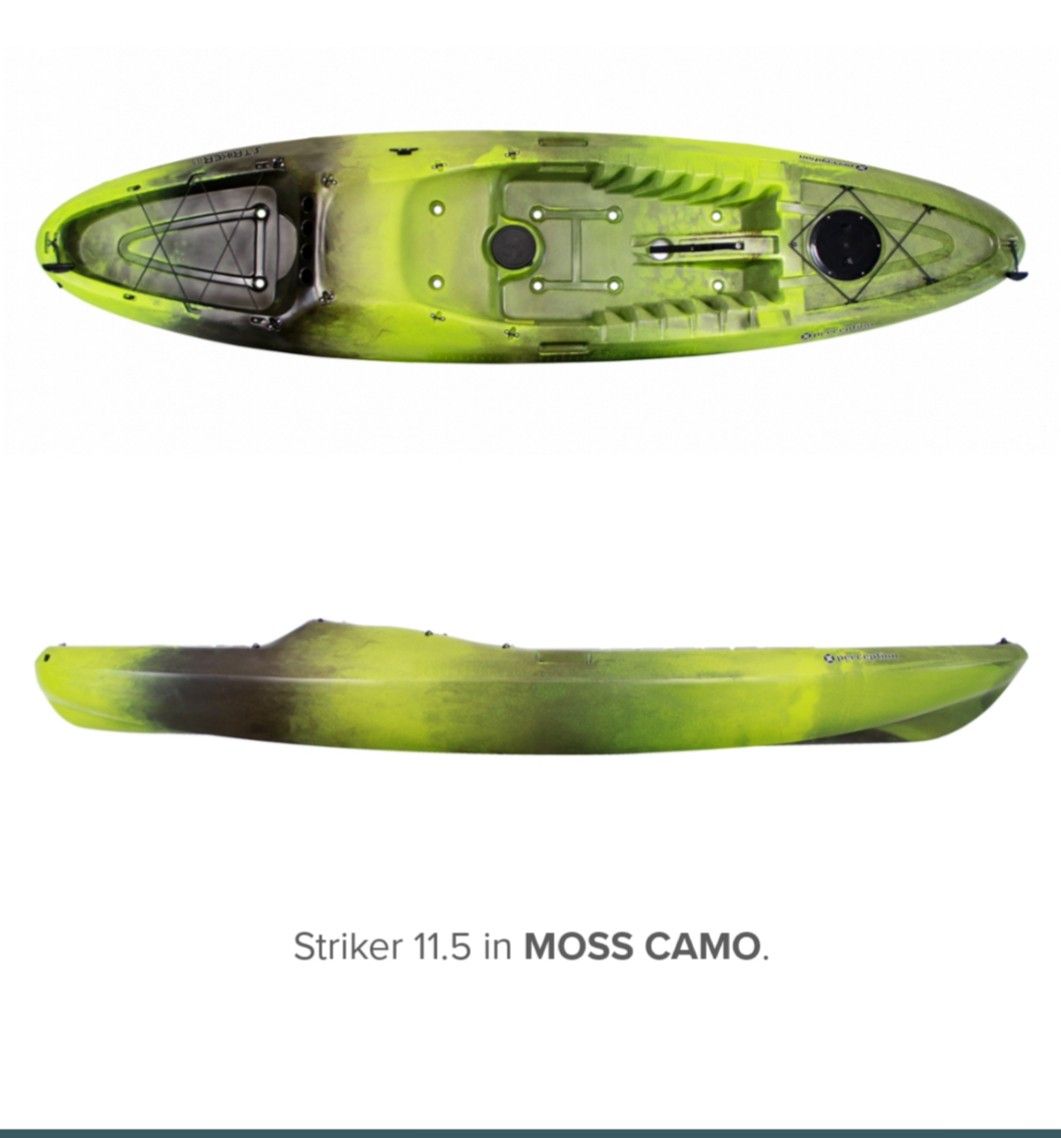 Perception Striker 11.5 fishing kayak, rod holder, upgraded seat pad, anchor