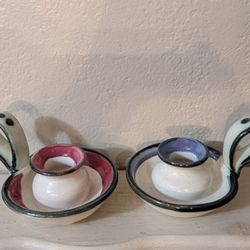Signed Pottery Chamberstick Candleholders