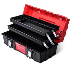 MOTORING 3-Layer Lockable Tool Box Plastic Portable Storage Folding Toolbox Tray Divider Tool Organizers, W/Handle, Red/Black, TOOLS-00504