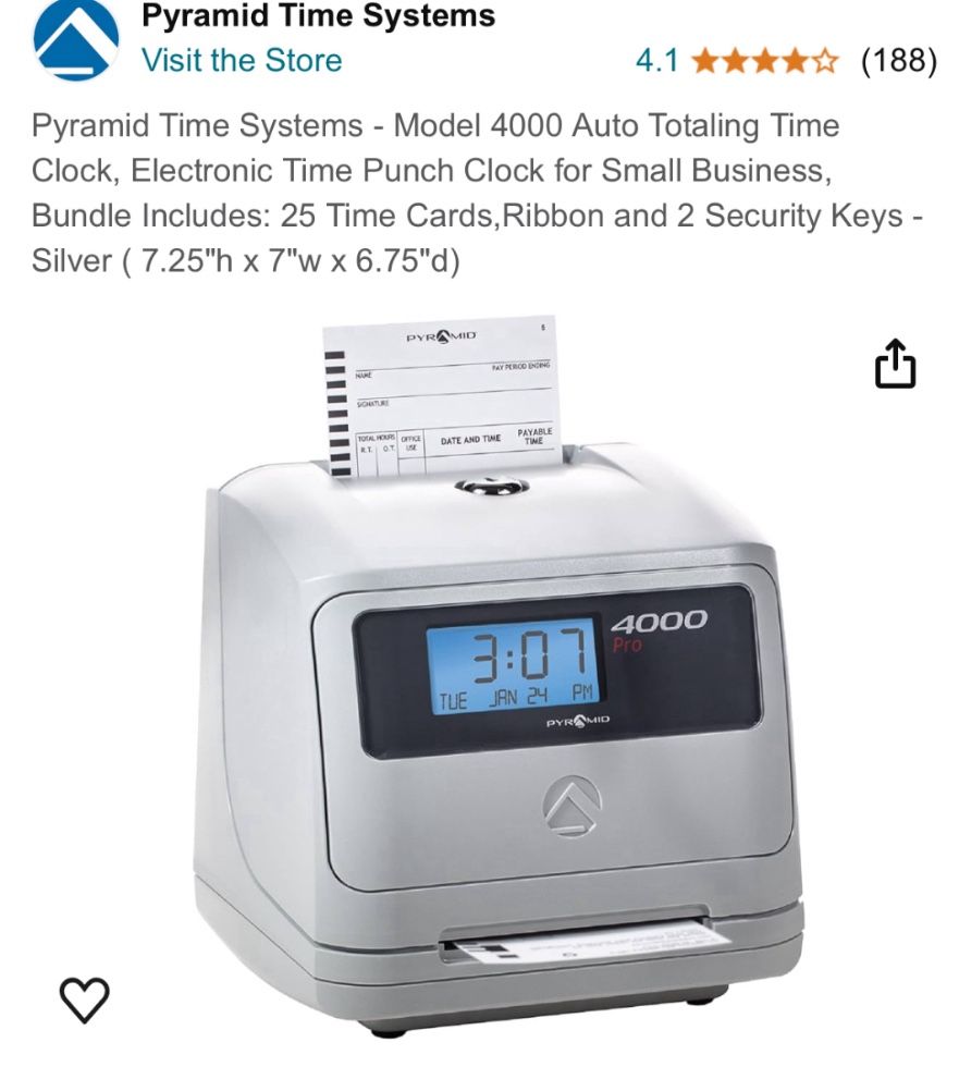 Pyramid Time Systems Model:4000 Auto Totaling Time Clock For Employees To Clock At The Business