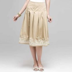 Beige / Tan White Embroidery Cotton Plated A-line Women Skirt Size 10 / M