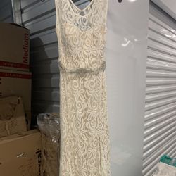 Cream/ Off White Lace , Fully Lined Formal , Open Back , Cap Sleeve Gown/ Wedding Dress