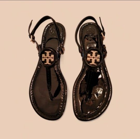 Tory Burch Gold Mini Miller Flat Thong Ankle Strap Sandals - Black US Size 10