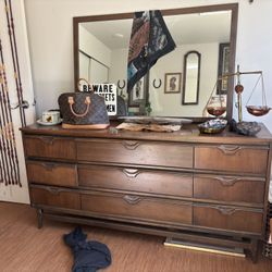 WALNUT MCM CHEST OF DRAWERS WITH MIRROR AND DRESSER SET