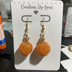 Dangling Disco Ball Orange Round Bead w/Golden Flat Bead Cap/Creations By Loren