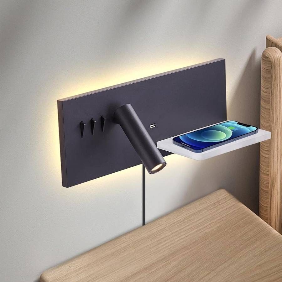 new Reading Light Wall Mounted with Wireless Charger & USB Port, LED Book Light for Reading in Bed, Plug in Wall Light for Bedroom, 10W Background Lig