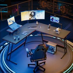 New L Shaped Carbon Fiber Gaming Desk 51 Inch Computer Corner Desk Pc Gaming Desk Table with Large Monitor Riser Stand for Home Office Sturdy Writing 