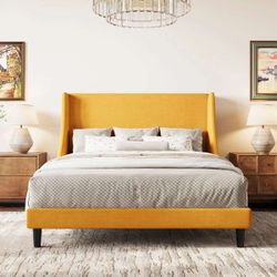 Queen Size Upholstered Platform Bed Frame with Wingback Headboard, Yellow, Adults