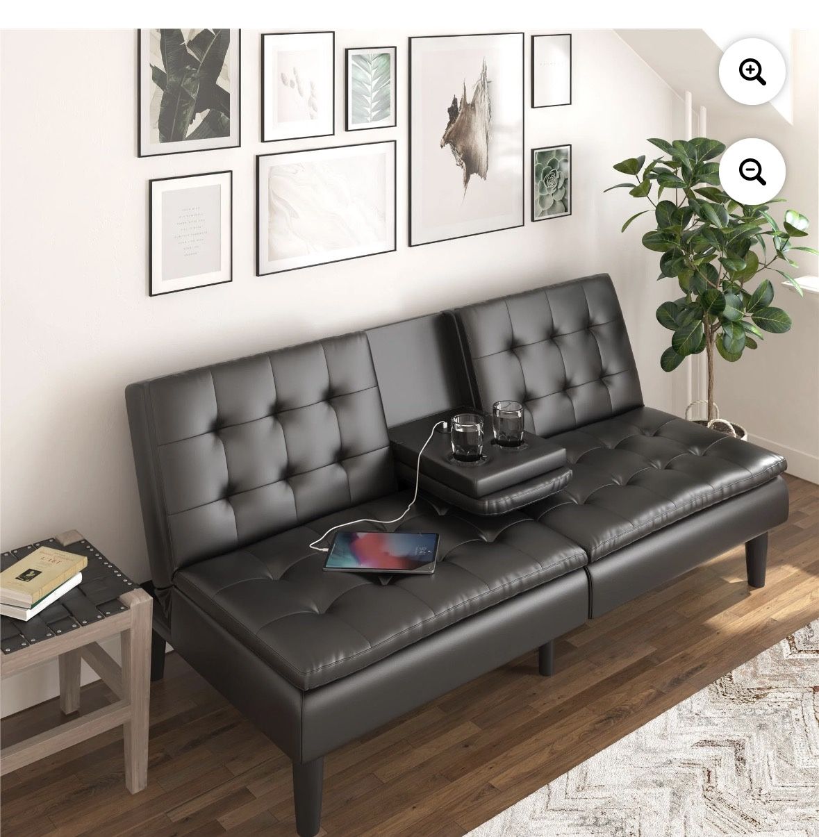Mainstays Memory Foam 71.5" Futon with Cupholder and USB, Black Faux Leather
