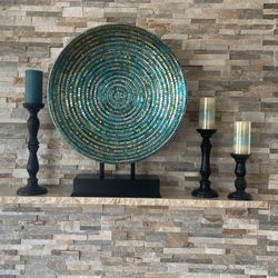 Decorative Plate With 3 Wooden Candlesticks