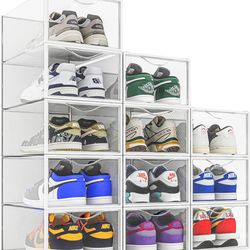 fit up to size 14-12 Pack Shoe Storage Bins, Clear Plastic Stackable Shoe Organizer for Closet, Spac