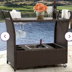 Stewood Patio Bar Serving Cart, Wine Cart, Kitchen Cart Or Island With Wheels Durable Weather Resistant Wicker In Dark Brown Color. Warehouse Prices  