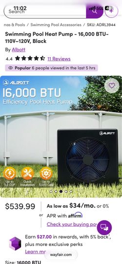 Swimming Pool Heat Pump - 16,000 BTU-110V–120V, Black