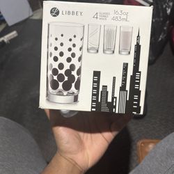 Vtg Libbey Glass Mid Century Geometric City 16 oz Tumbler Set Of 4 Black Modern