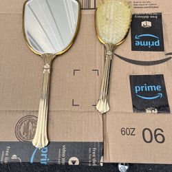 Vintage Vanity Set Mirror, Brush hand held - Gold Tone 1940