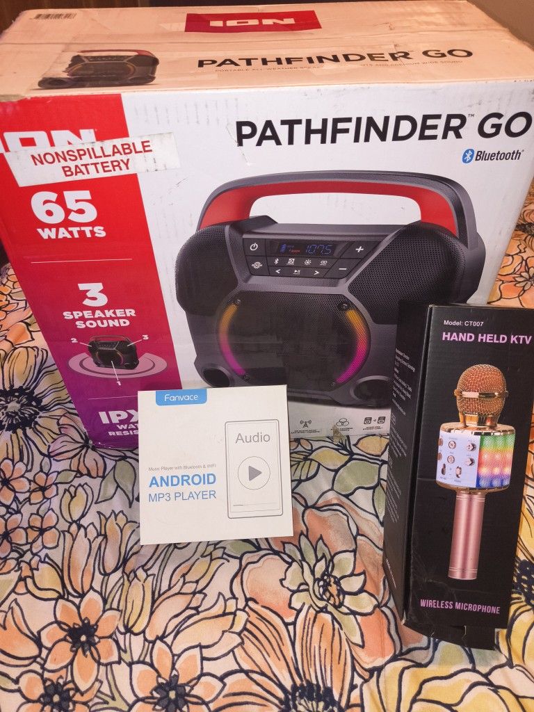 New ION Audio Pathfinder Go Portable Bluetooth 3 Speaker Rechargeable Boom Karaoke Sound System Entertainment Set.