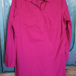 Merona XL Hot Pink  Shirt Dress Women Tunic 3/4 Buttons Long Sleeve Pockets 