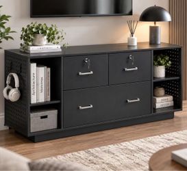 47” Black Storage Cabinet TV Stand with Drawers & USB Charging – New