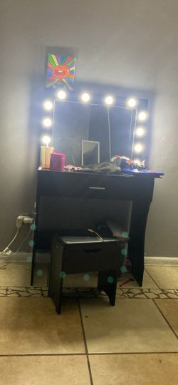 Black Vanity Desk with Lighted Mirror and Stool