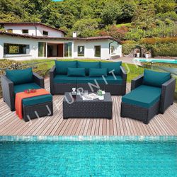 NEW🔥 Outdoor Patio Furniture Set 6 Pc Black Wicker Peacock Blue 4" Cushions with Storage Table