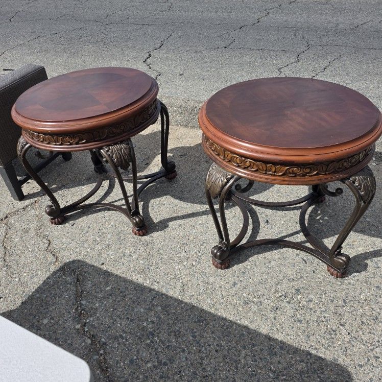 2 WOODEN END TABLES.