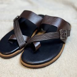 Brown Genuine Leather Slide Sandals Slip On Casual Comfort US Size 9 