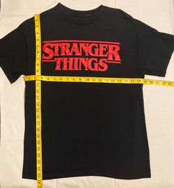Stranger Things Men’s BlackT-Shirt the Red Block Letter Logo across chest Size Small 100% Cotton