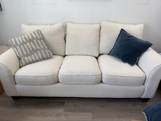 Cream Fabric 3-Seat Sofa with Dark Wood Legs
