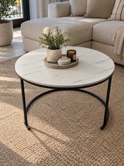 Round Marble like-Top Coffee Table Black Metal Base