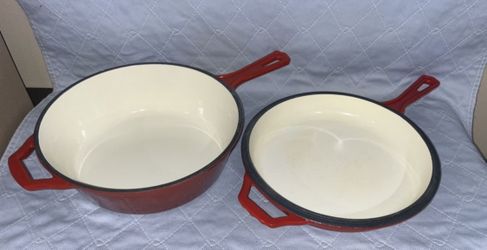 Bruntmor 2 in 1 Enameled cast iron pot with lid, 3QT Cast Iron Dutch Oven & Skillet Combo