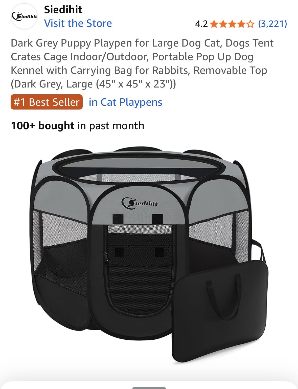 Sieditit Dog Puppy Playpen Dark Grey Large (45" x 45" x 23") Removable Top W/Carrying Bag NEW