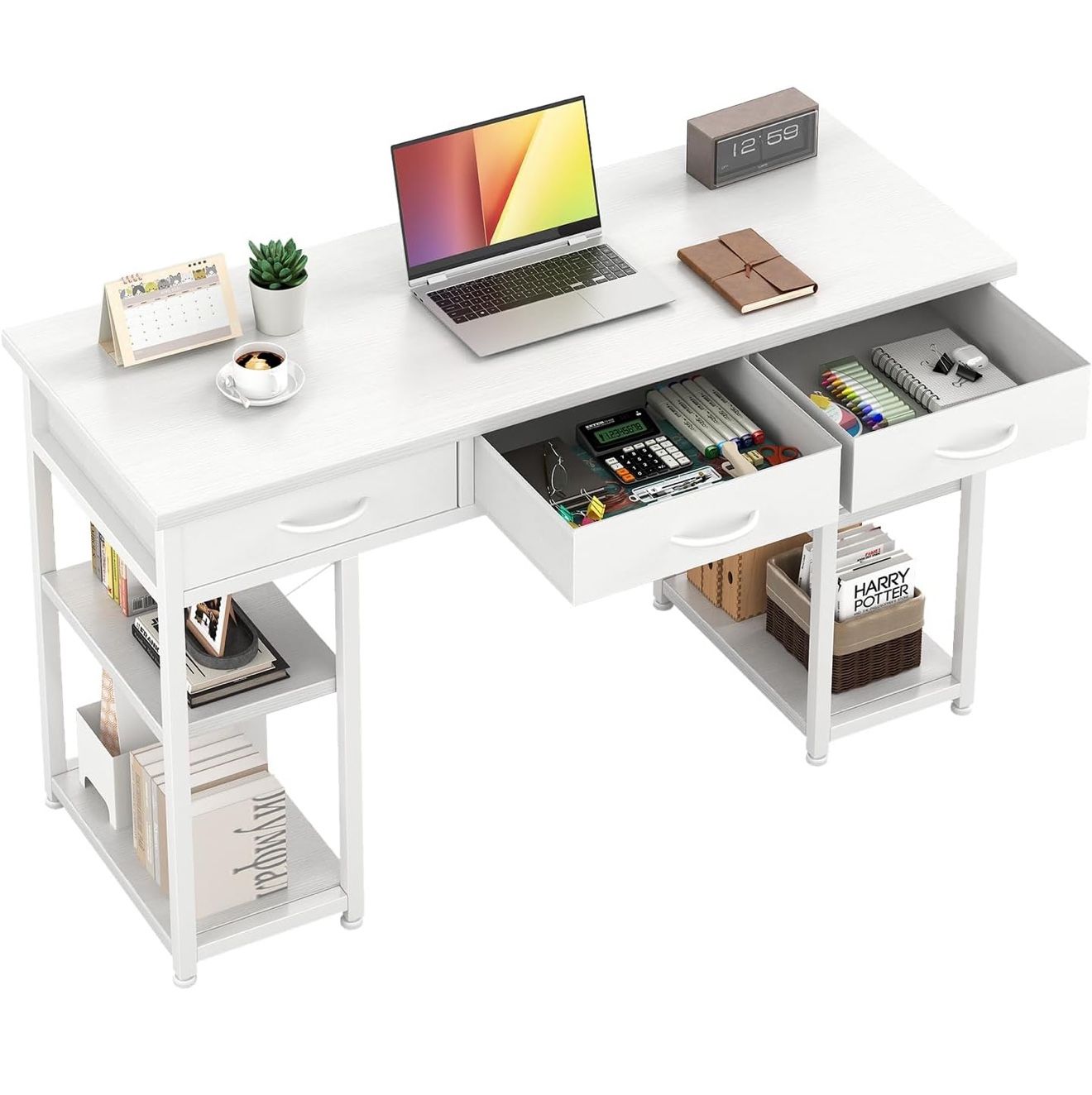 43 Inch Home Office Desk,Computer Desk with 3 Fabric Drawers&CPU Stands,Laptop Desk with Storage Shelves, Work/Writing/Study Table for Bedroom