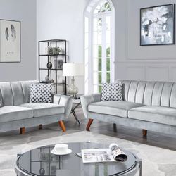 ✅️✅️2 pc light grey velvet fabric mid century modern sofa and love seat set Langley street wooten✅️✅️✅️