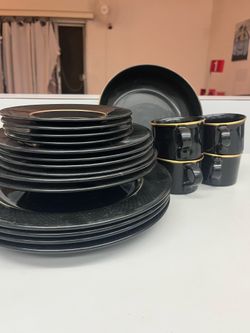 Mikasa Galleria FK 702 Matrix Black Gold Rim Dishes Dishware USED in Good Condition 19 PCS