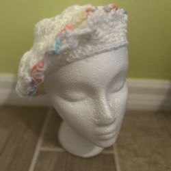 Handmade Pastel/White Crocheted Beret Women’s Hat One Size