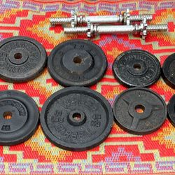 95 POUNDS OF :  Adjustable Dumbbells : (6) 10s  (4)  5s  (2) 2.5s  &  TWO  Heavy Steel Dumbbell Handlebars