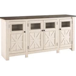  Signature Design by Ashley Bolanburg Two Tone Farmhouse TV Stand, Fits TVs up to 72", 3 Cabinets and Adjustable Storage Shelves, Whitewash
