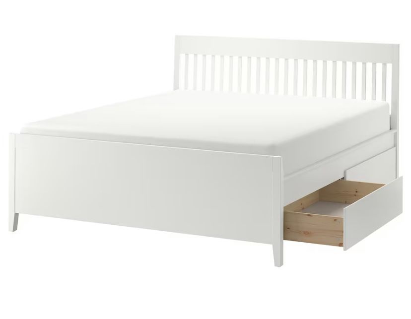 IDANÄS Bed frame with storage, white/Luröy, King