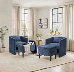 2X Navy Blue fabric accent chair with storage ottoman
