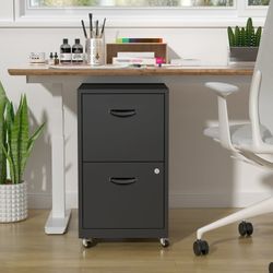 18"D Mobile Office Vertical 2 Drawer File Cabinet, Metal Filing Cabinet 2 Drawer with Lock