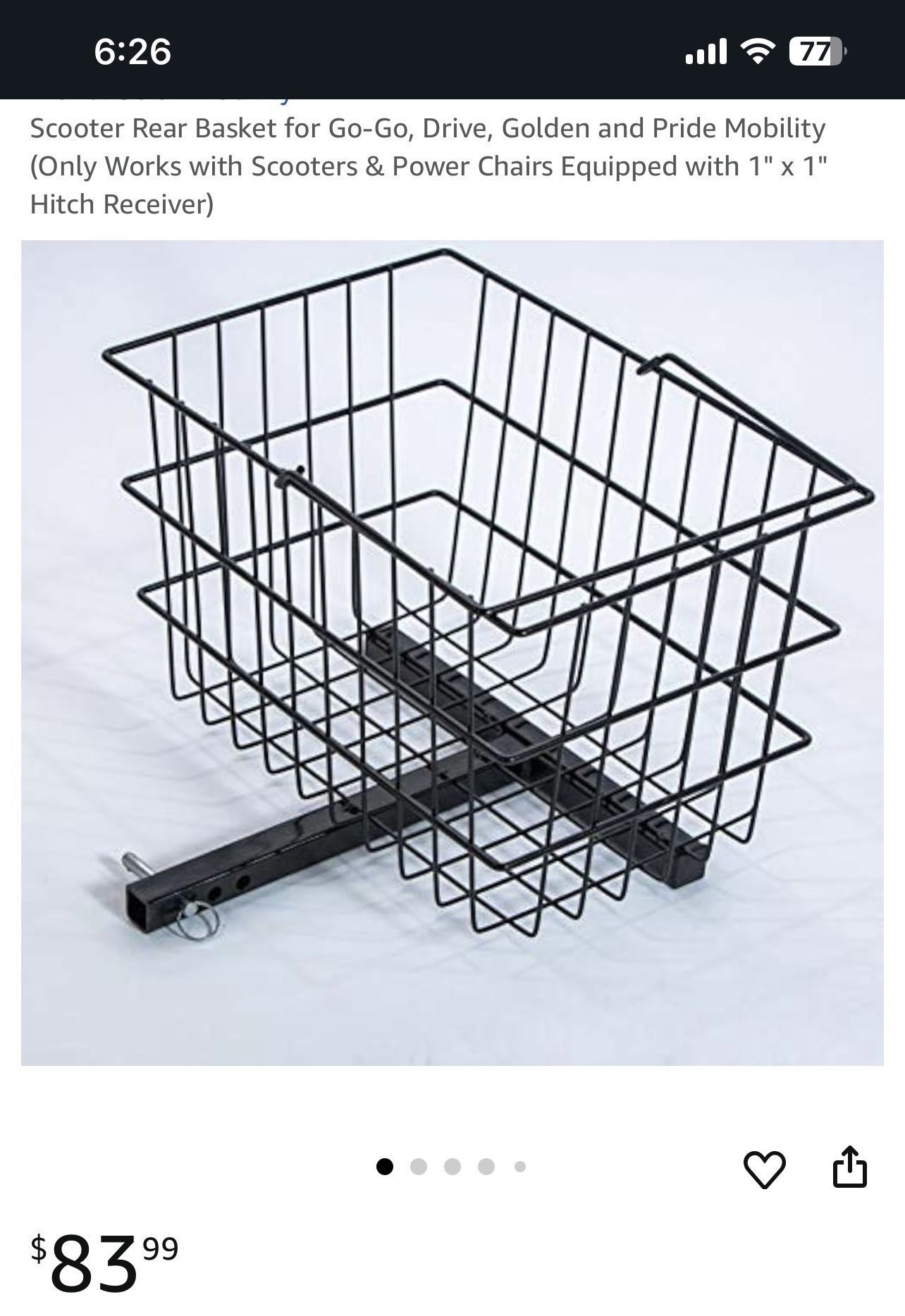 NEW  Scooter Rear Basket for Go-Go, Drive, Golden and Pride Mobility (Only Works with Scooters & Power K Equipped with 1" x 1" Hitch Receiver)