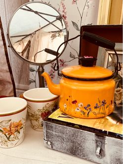 Vintage Enamel Tea Kettle Floral Orange